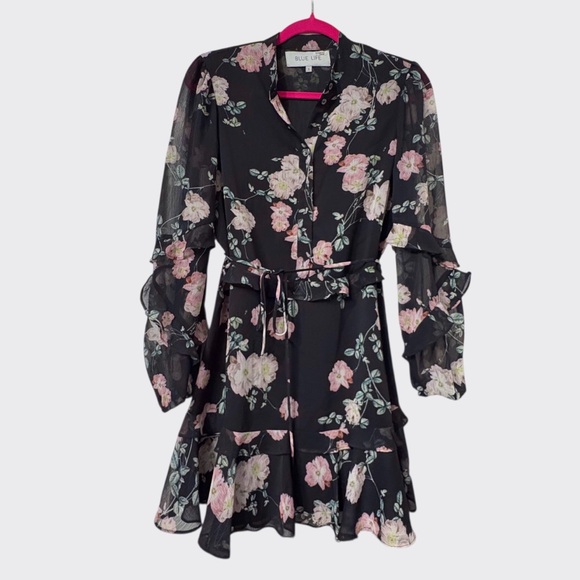 Blue Life Floral Black Chiffon Sheer Ruffle Long-Sleeve Mini Dress - Picture 6 of 16